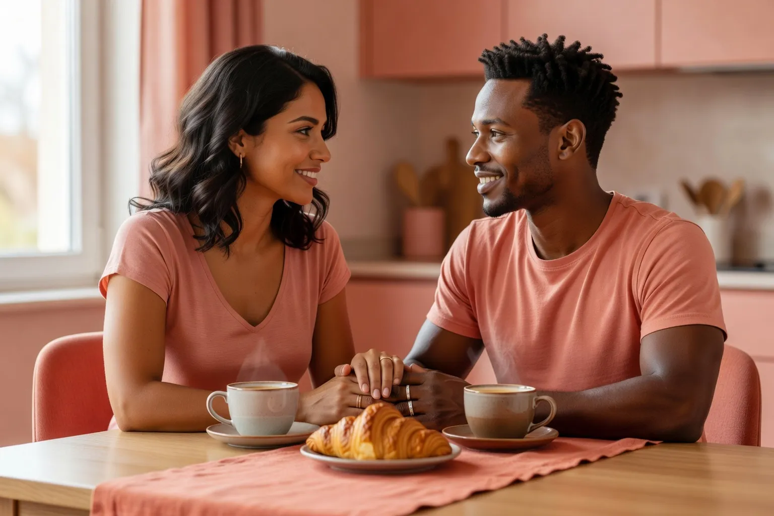 Un couple installé partage un moment de complicité tranquille à la maison