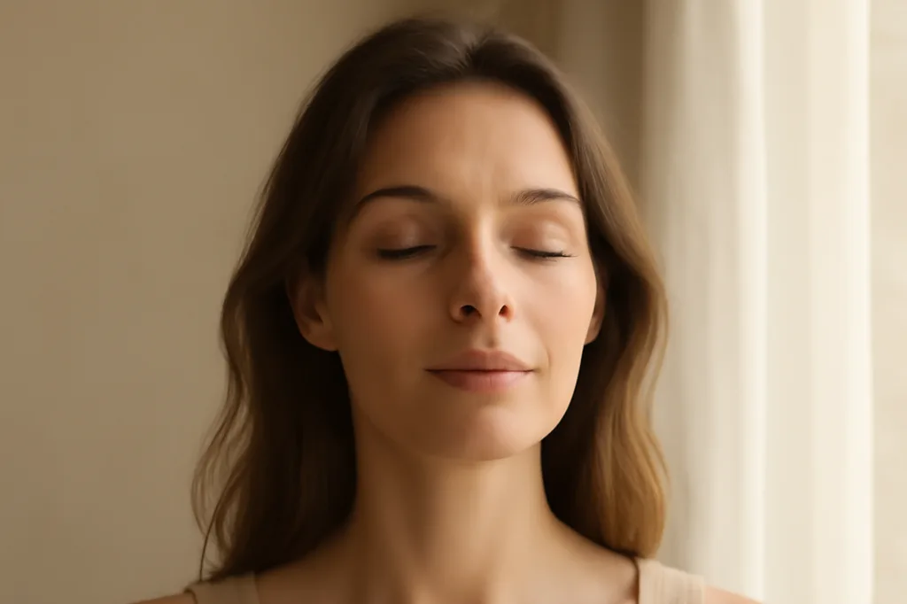 Femme pratiquant la respiration consciente pour calmer son anxiété avant une rencontre