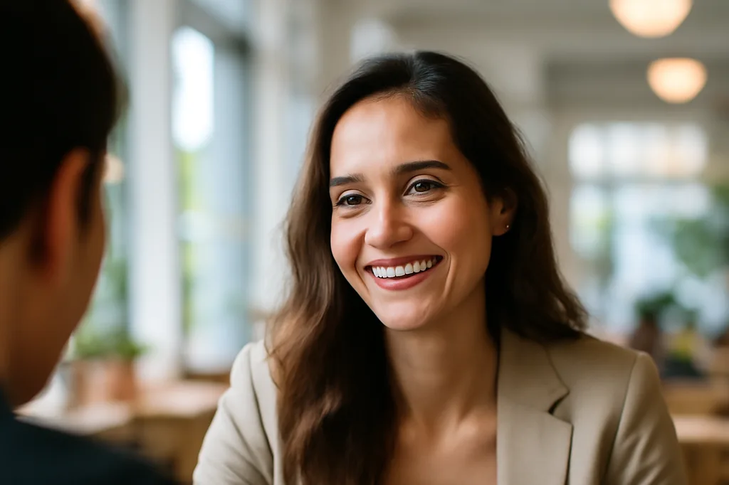 Femme souriante et détendue lors d'une conversation en tête-à-tête dans un café