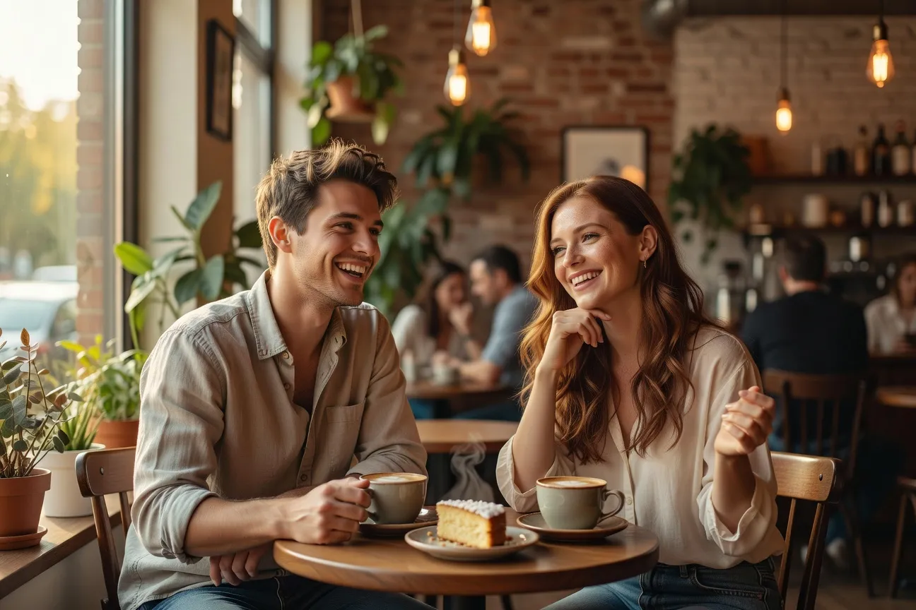Premier rendez-vous réussi dans un café, couple souriant