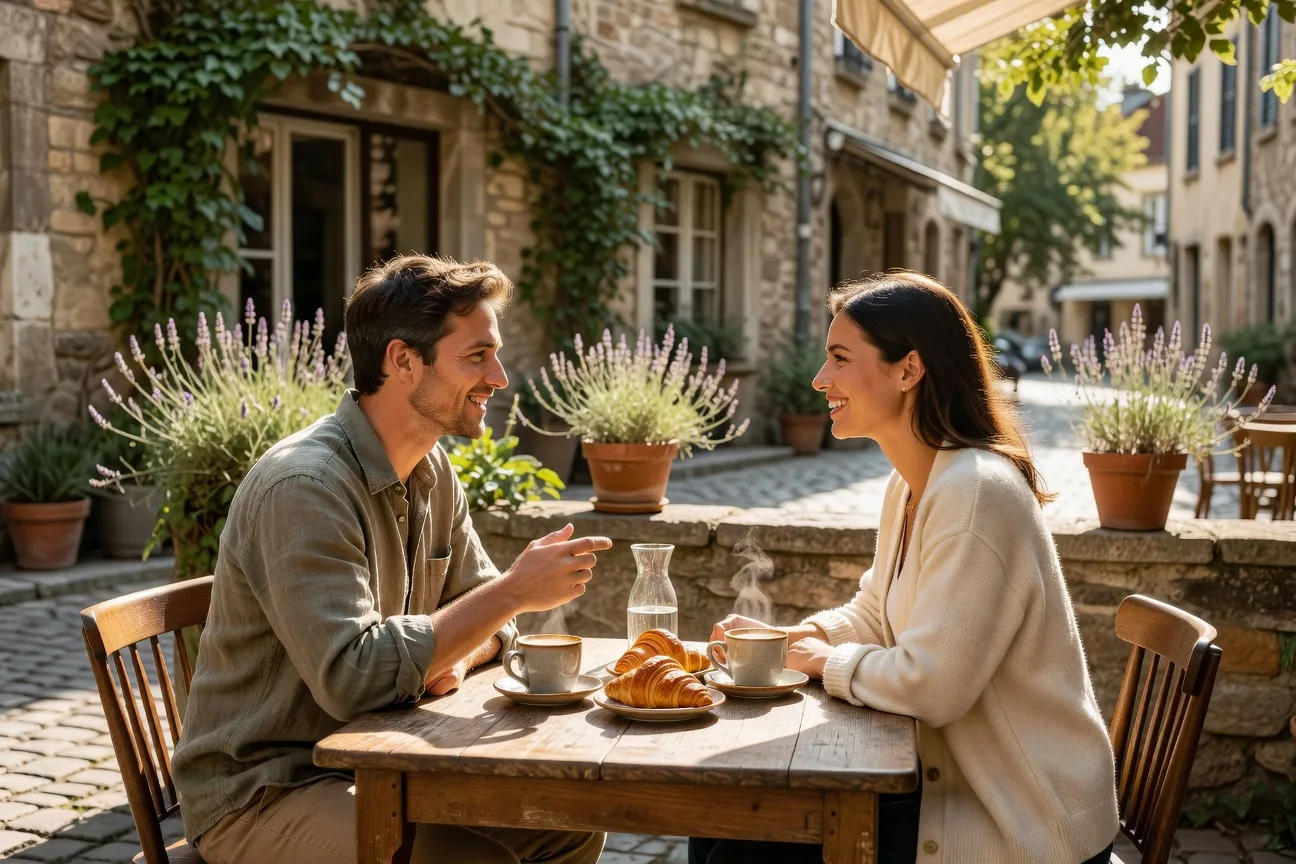 Deux personnes en conversation ouverte et complice autour d'un café
