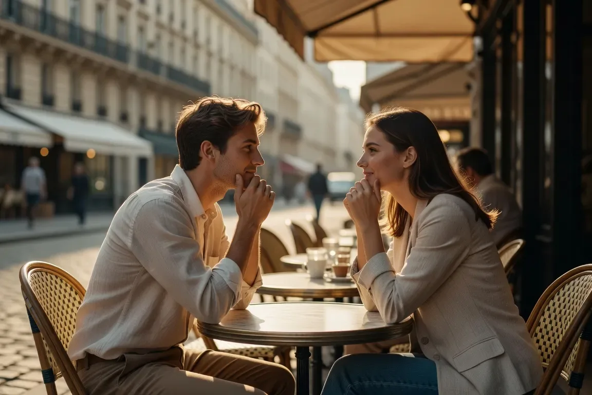 Couple complice avec mimetisme postural au cafe