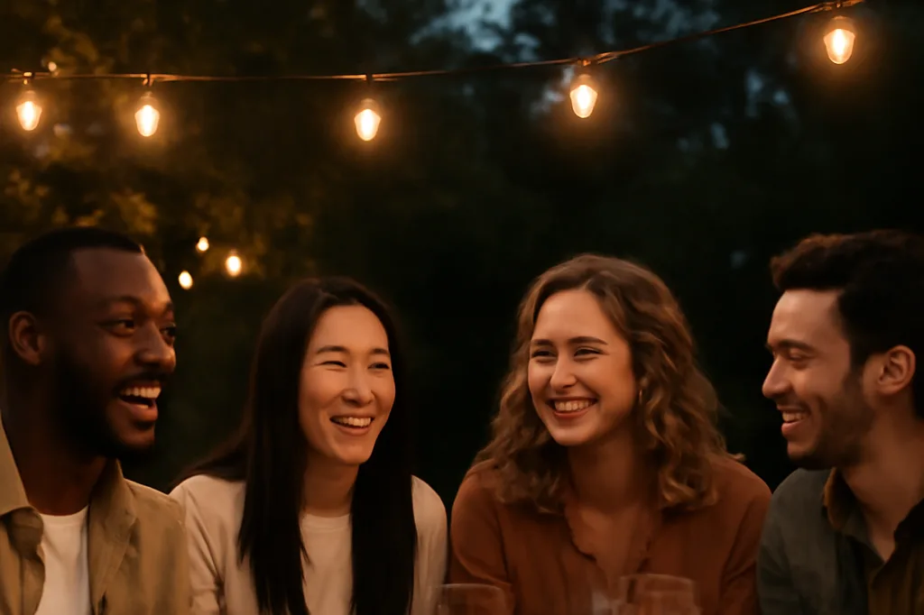 Groupe d'amis partageant un dîner convivial en extérieur le soir