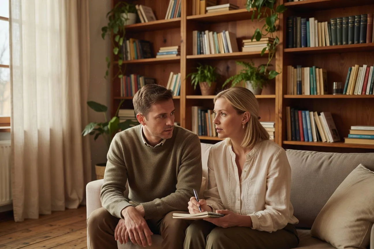 Couple en séance de thérapie, écoute attentive