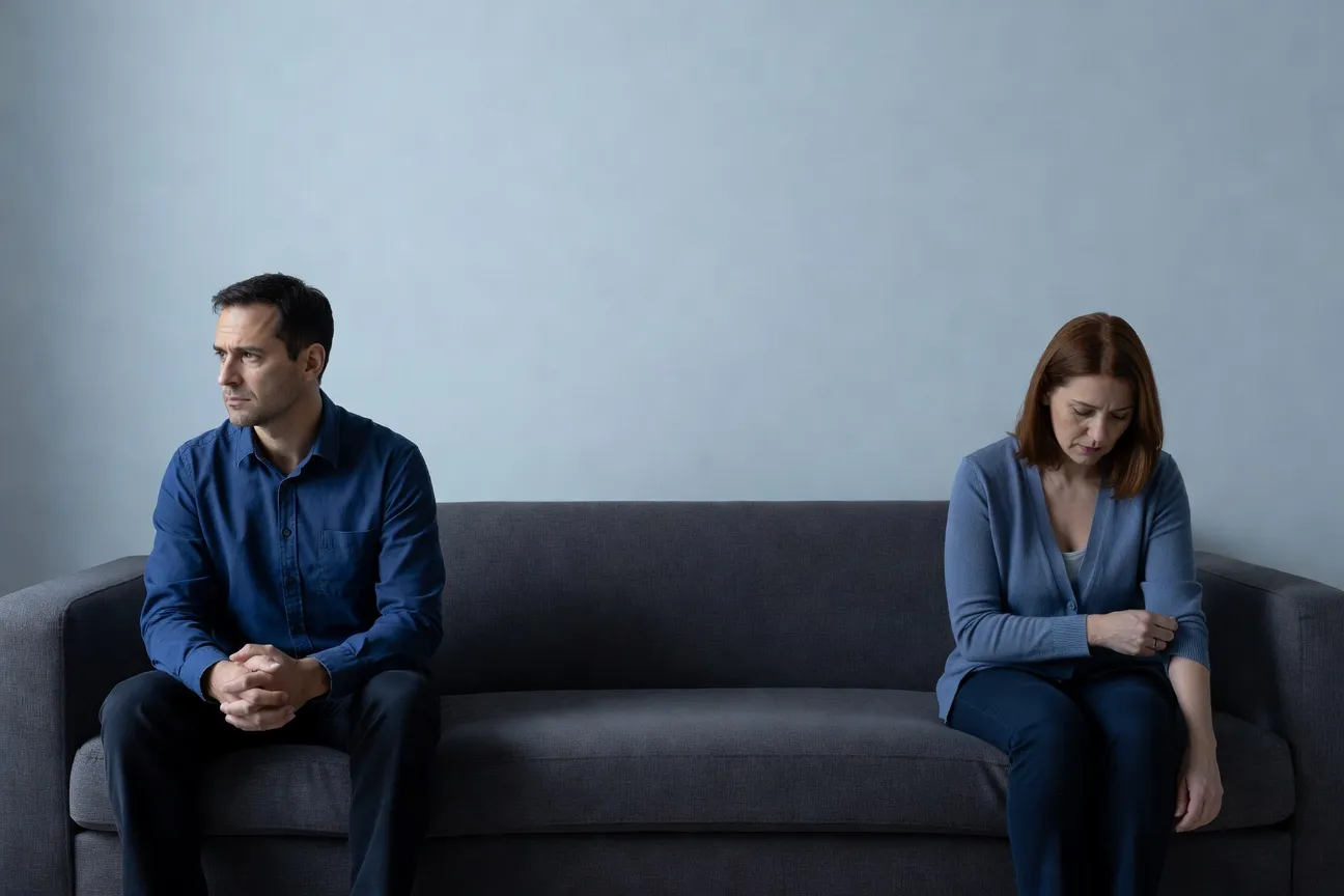 Couple en tension silencieuse, regards évitants dans un appartement