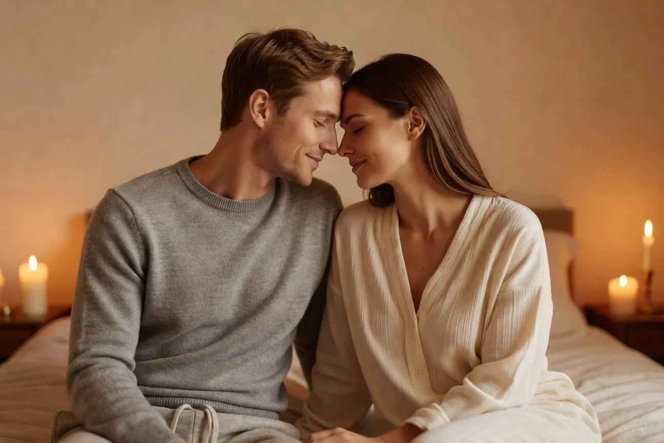 Couple en intimite douce, lumiere chaude