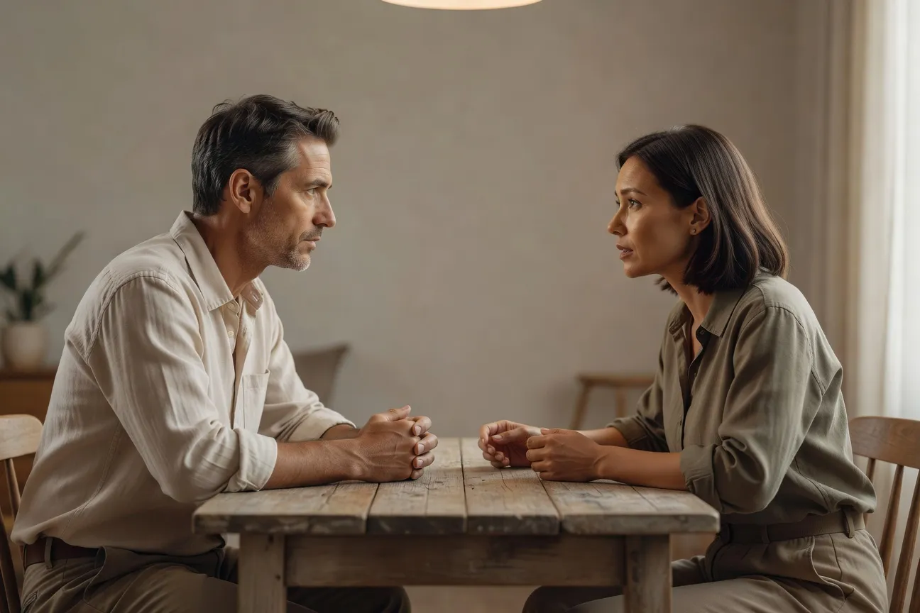 Couple en conversation difficile mais ouverte, atmosphère intime