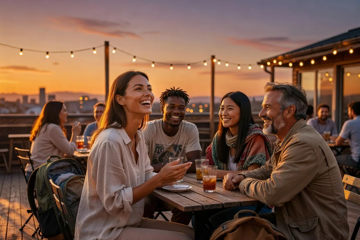 Groupe de voyageurs partageant un moment convivial sur une terrasse au coucher du soleil