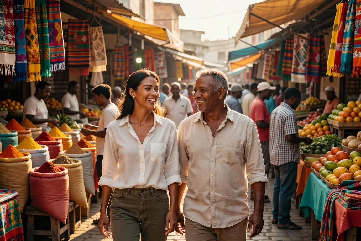 Couple souriant se promenant dans un marché coloré à l'étranger