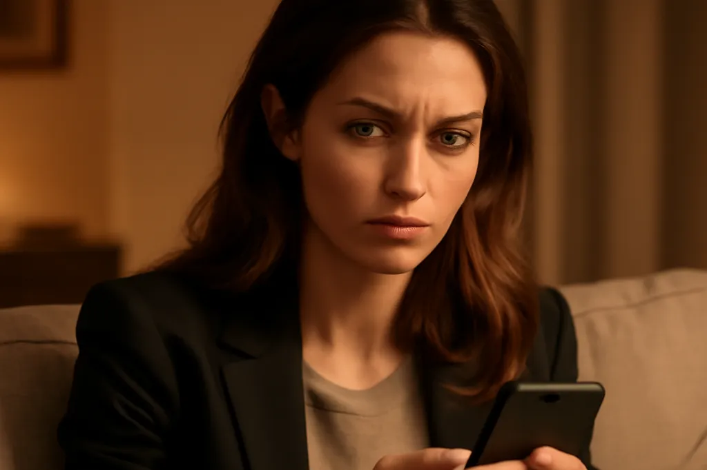 Femme pensive assise sur son canapé, regardant son téléphone avec une expression méfiante
