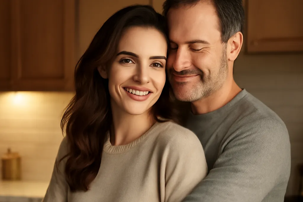 Couple adulte enlacé et souriant dans leur cuisine, moment de complicité tranquille