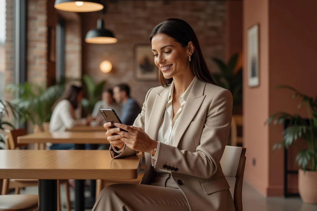 Jeune femme souriante consultant son téléphone dans un café, choisissant entre plusieurs applications de rencontre
