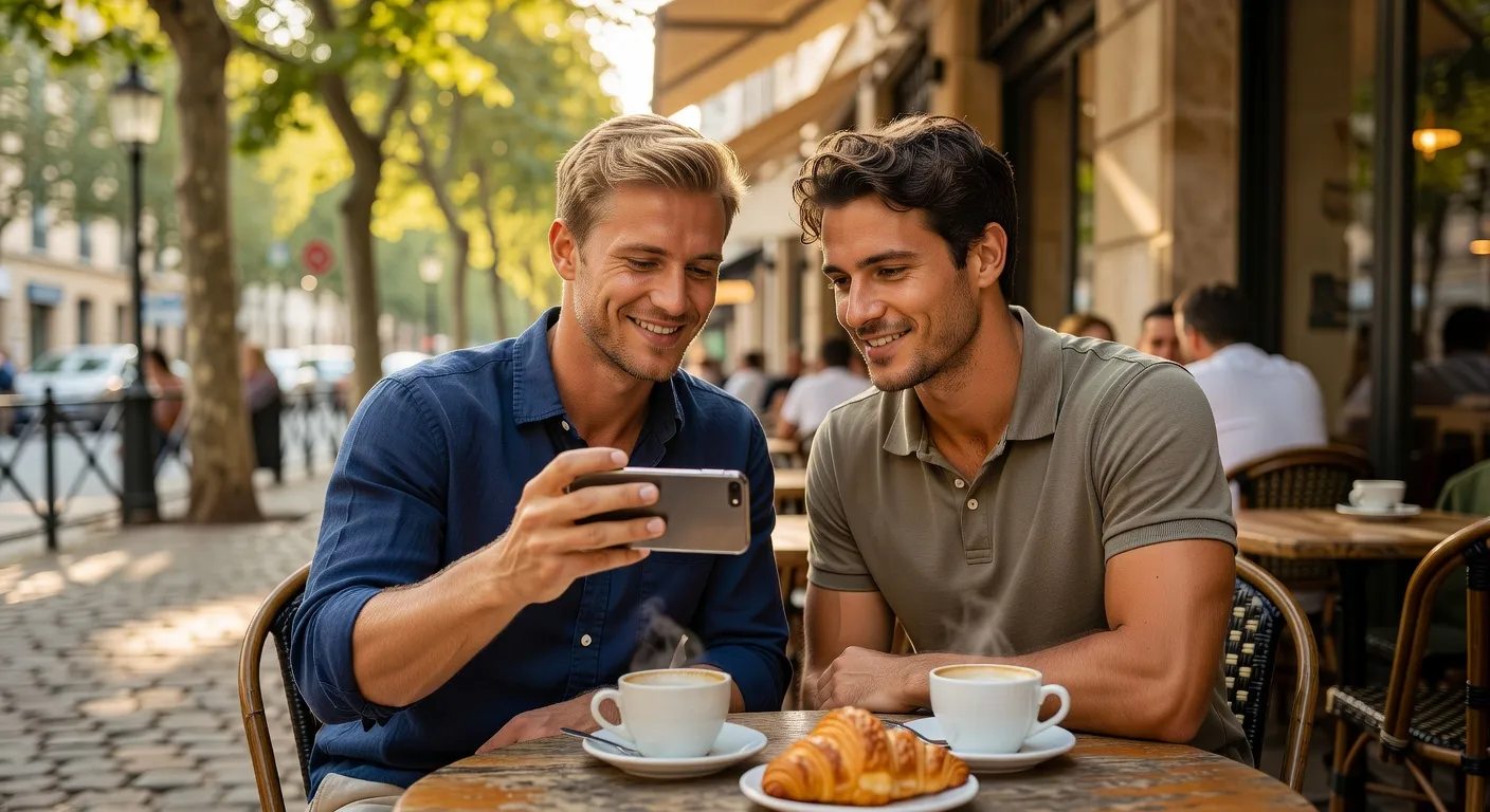Couple gay en café en train de regarder un téléphone
