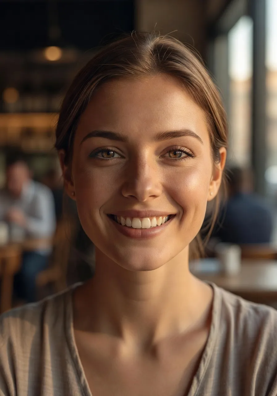 Personne souriante regard appuye lumiere douce
