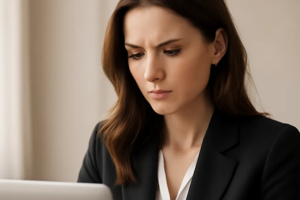 Femme adulte examinant attentivement son ordinateur portable, vérifiant des informations avec sérieux