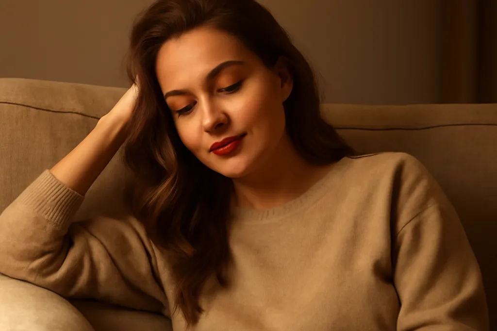 Femme adulte élégante se relaxant sur un canapé après une longue journée, expression détendue
