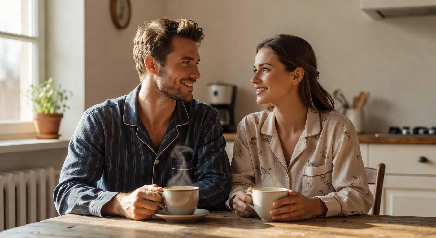 Couple complice partageant un cafe le matin