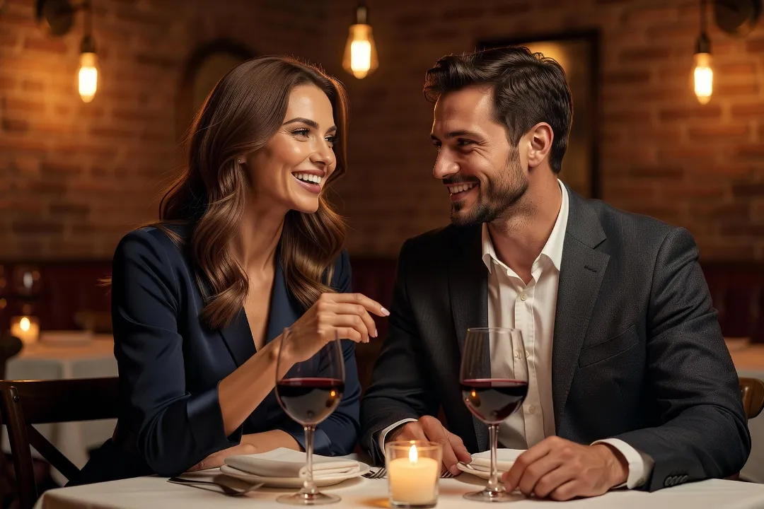 Couple souriant lors d’un premier rendez-vous dans un restaurant, ambiance chaleureuse et complice