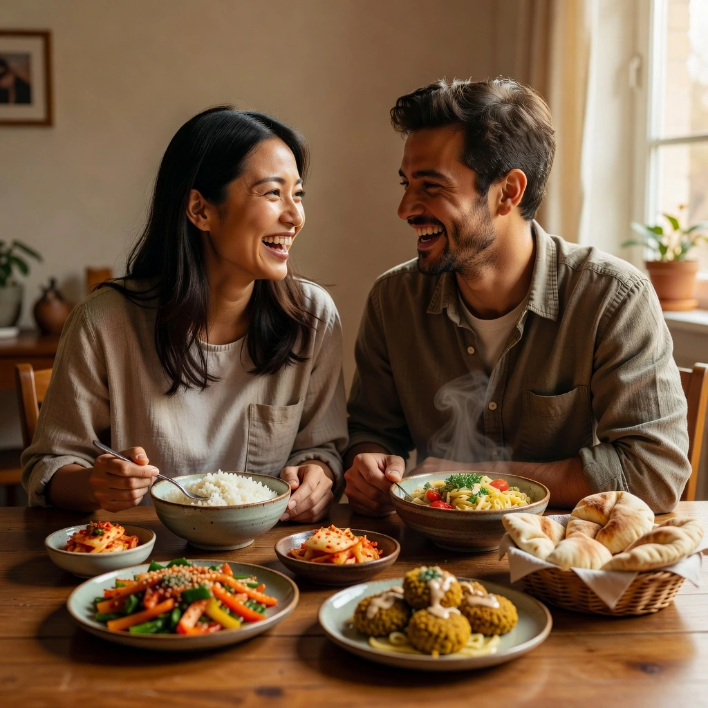 Couple interculturel partageant un repas fait de plats des deux cultures dans une cuisine lumineuse