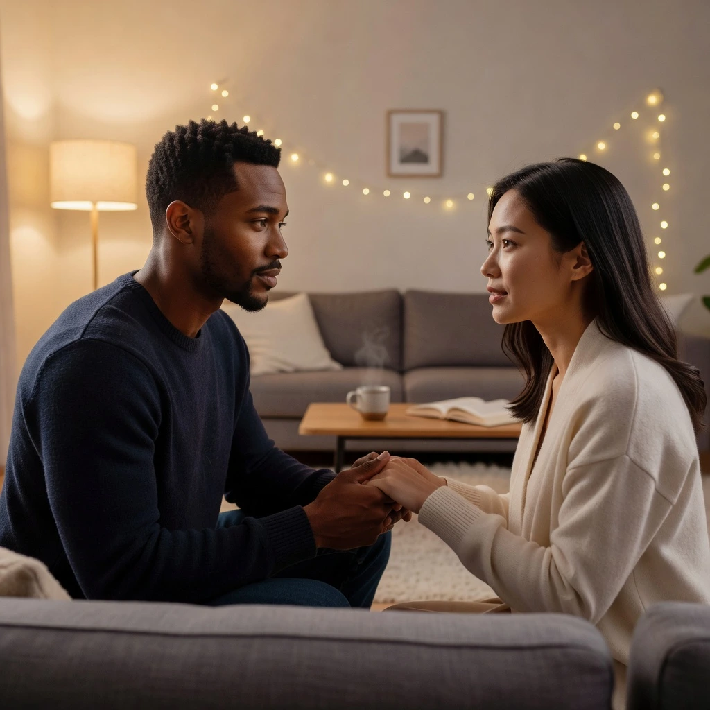 Couple interculturel discutant calmement sur un canapé, main dans la main
