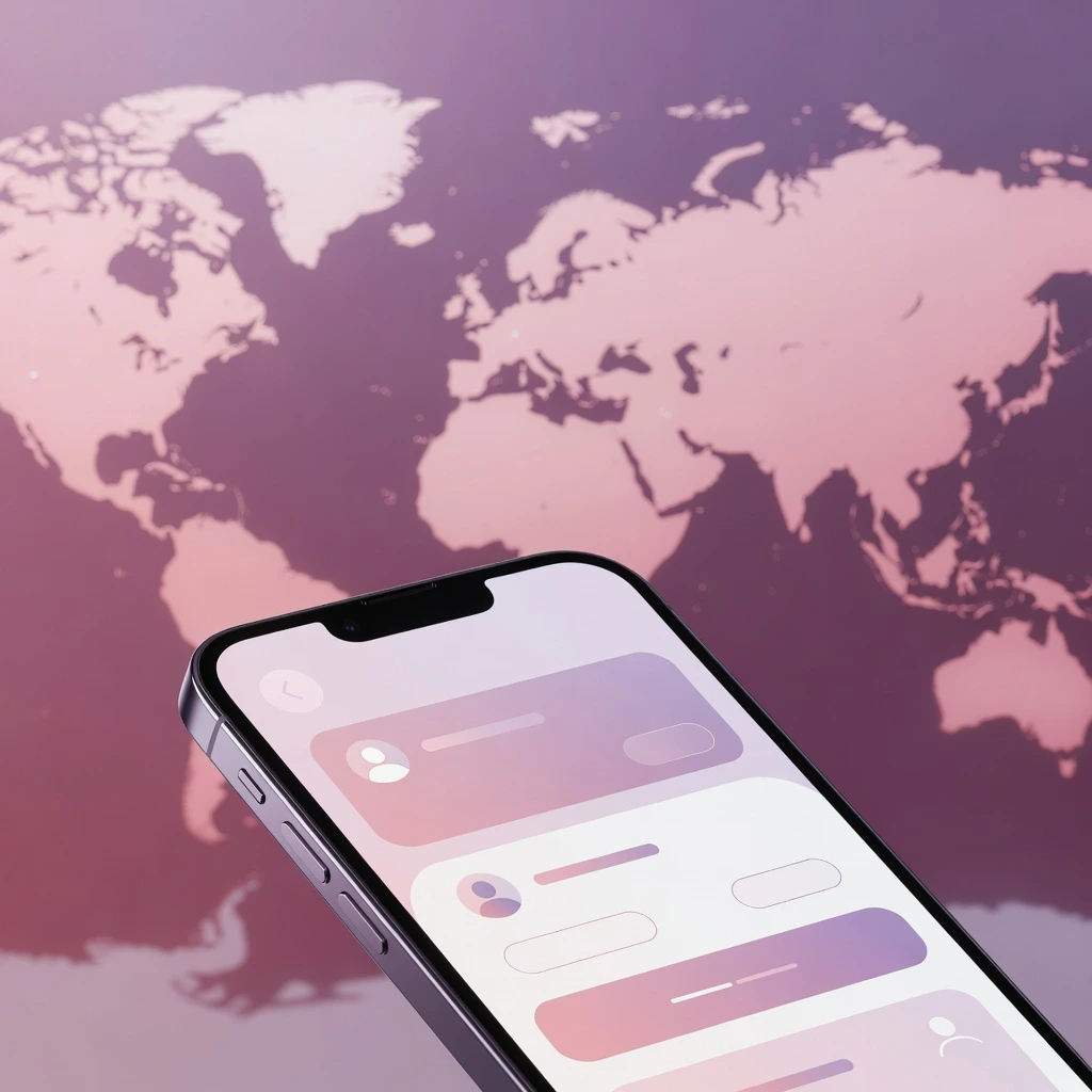 Smartphone affichant une application de rencontre internationale avec une carte du monde en arrière-plan
