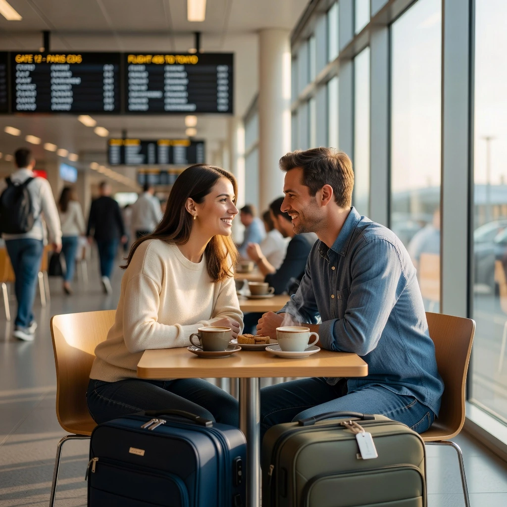 Couple assis dans un café d'aéroport avec leurs valises, prêt à se retrouver après une relation à distance