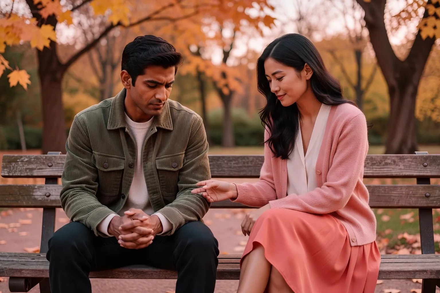 Couple en discussion apaisee dans un salon lumineux
