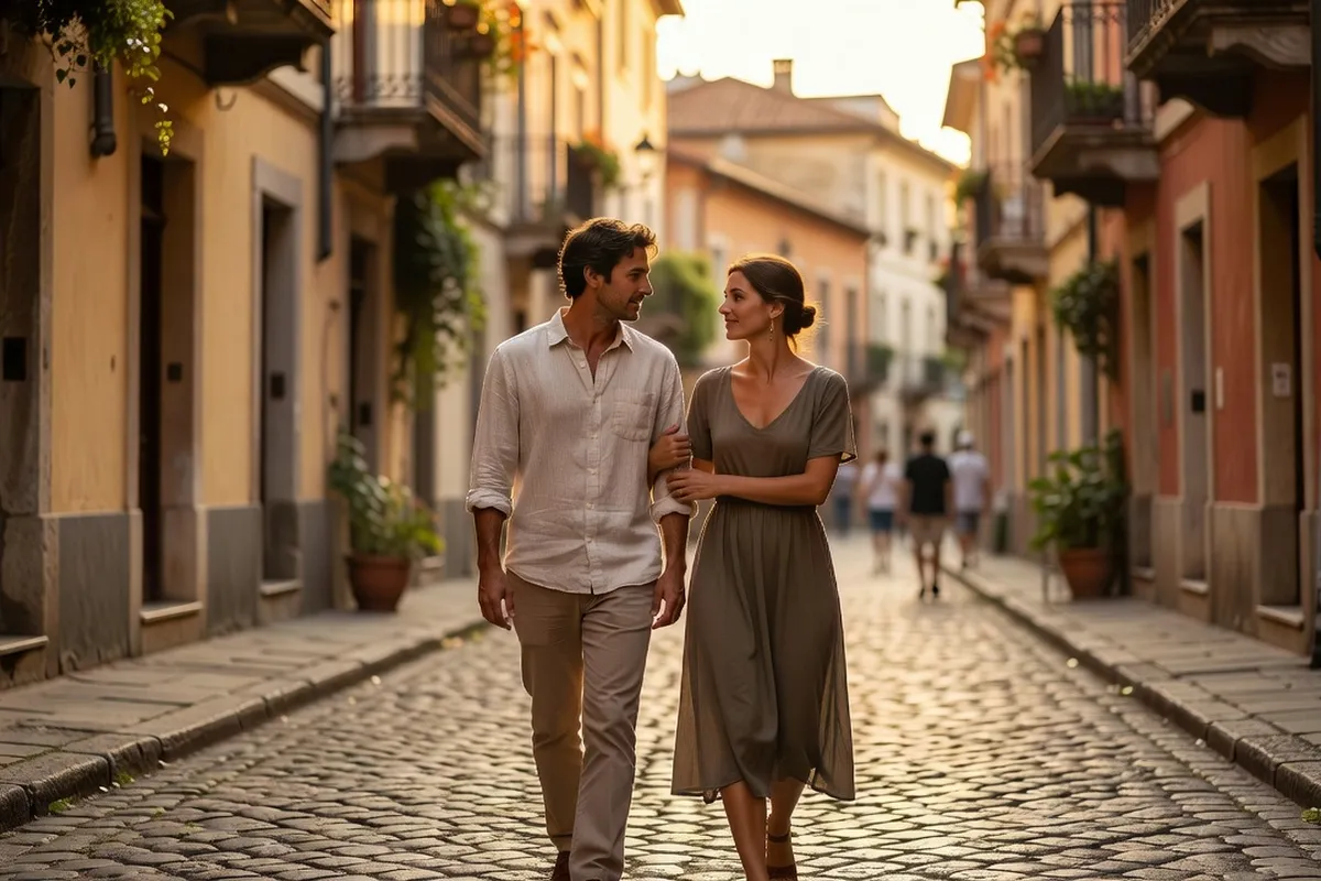 Couple marchant ensemble en pleine conversation dehors