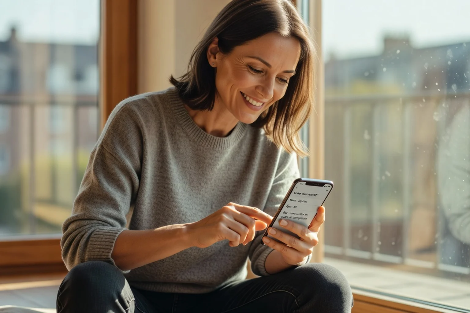 Femme d'environ 45 ans souriante créant son profil sur une application de rencontre, assise près d'une fenêtre lumineuse