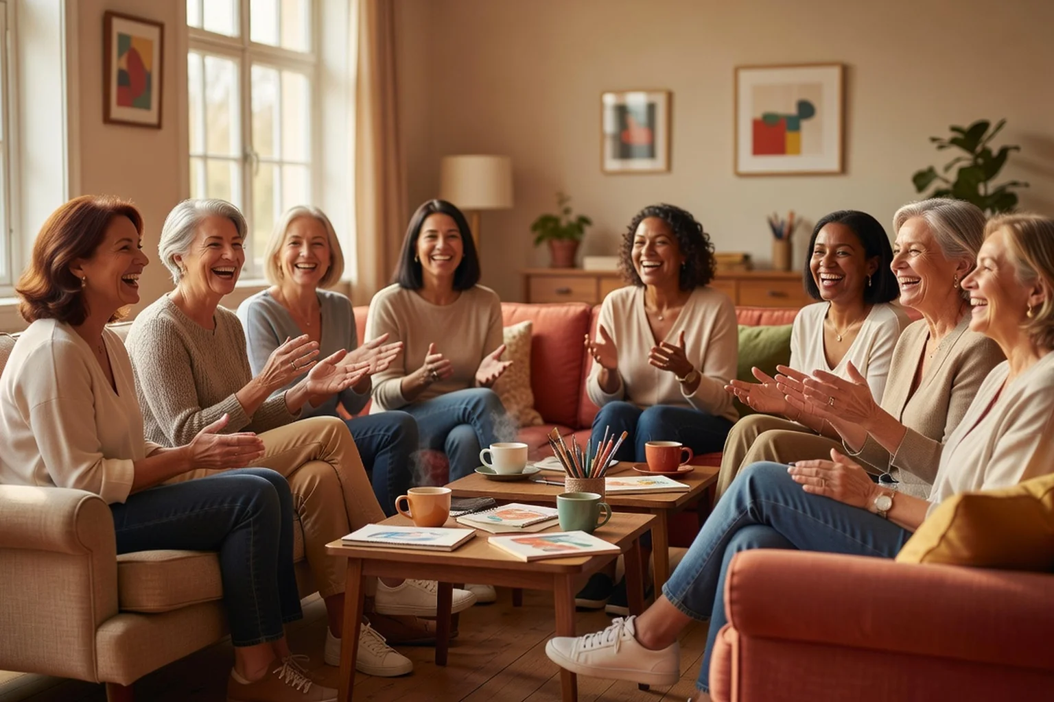 Groupe de femmes adultes souriantes participant à une activité collective dans une salle lumineuse et chaleureuse