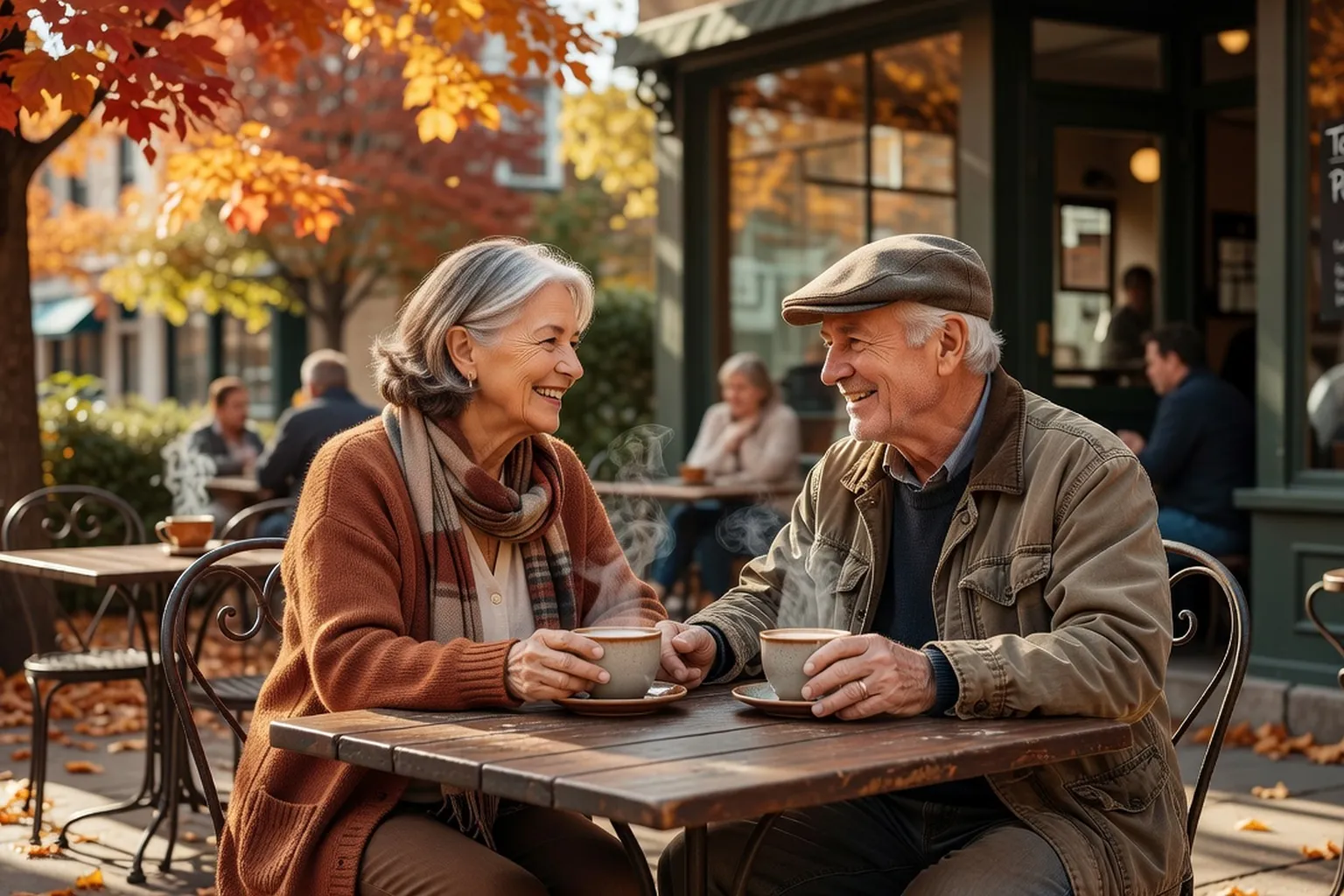 Une personne senior souriante regarde des photos souvenirs avec sérénité