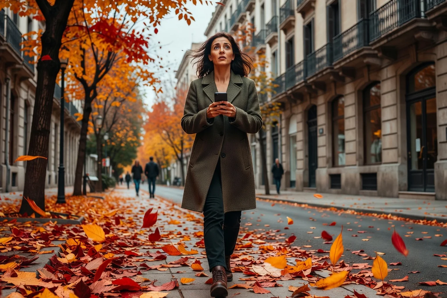 Femme marchant seule dans une rue en automne, téléphone à la main, le regard incertain