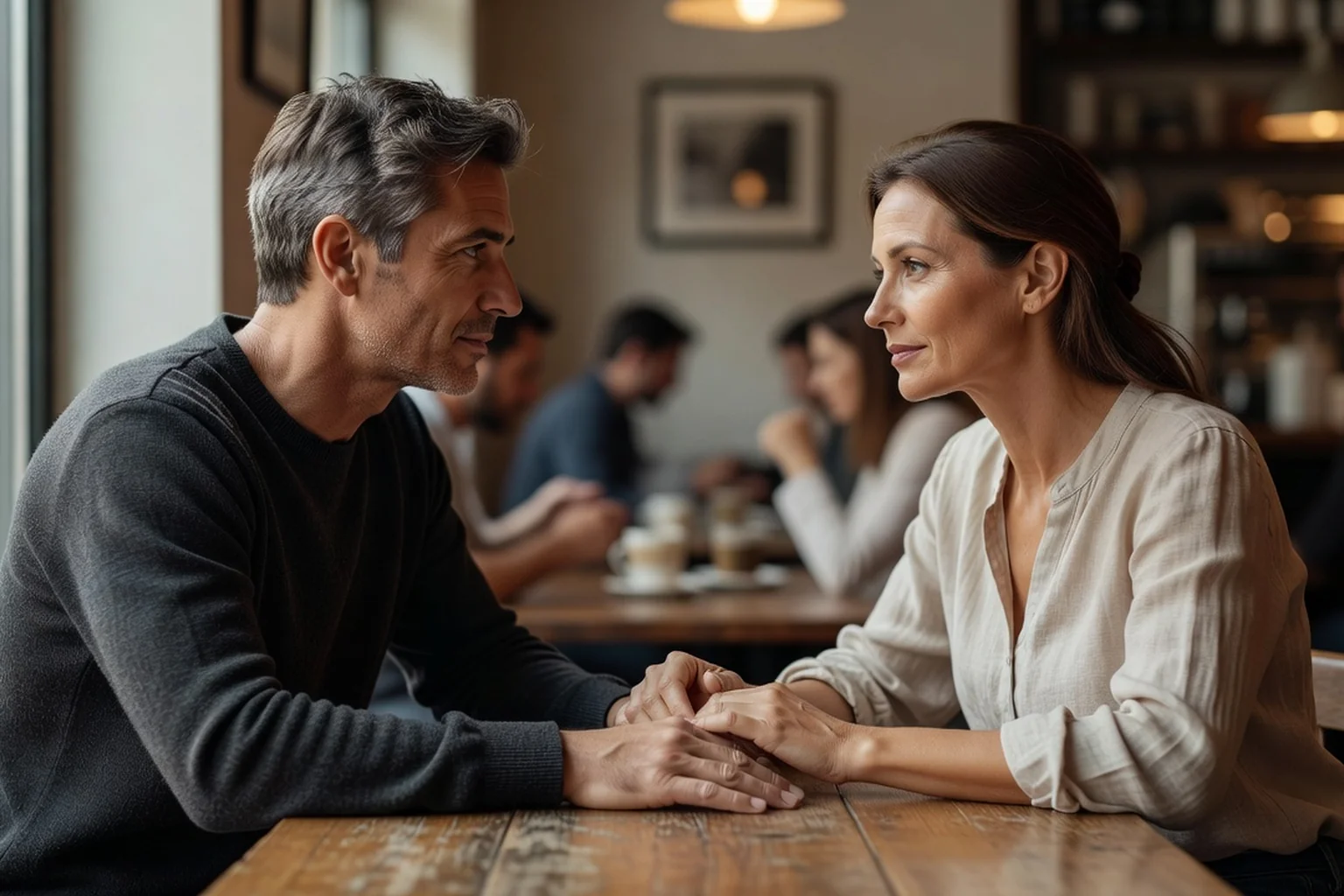 Couple adulte face à face dans un café, en pleine conversation sérieuse, les mains jointes sur la table