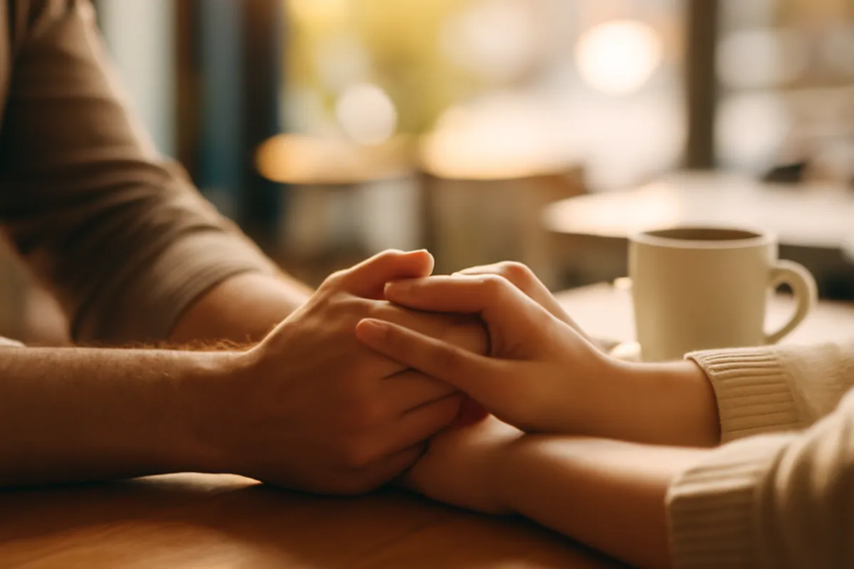Un couple se tient la main avec confiance, illustrant un attachement sécure et apaisé