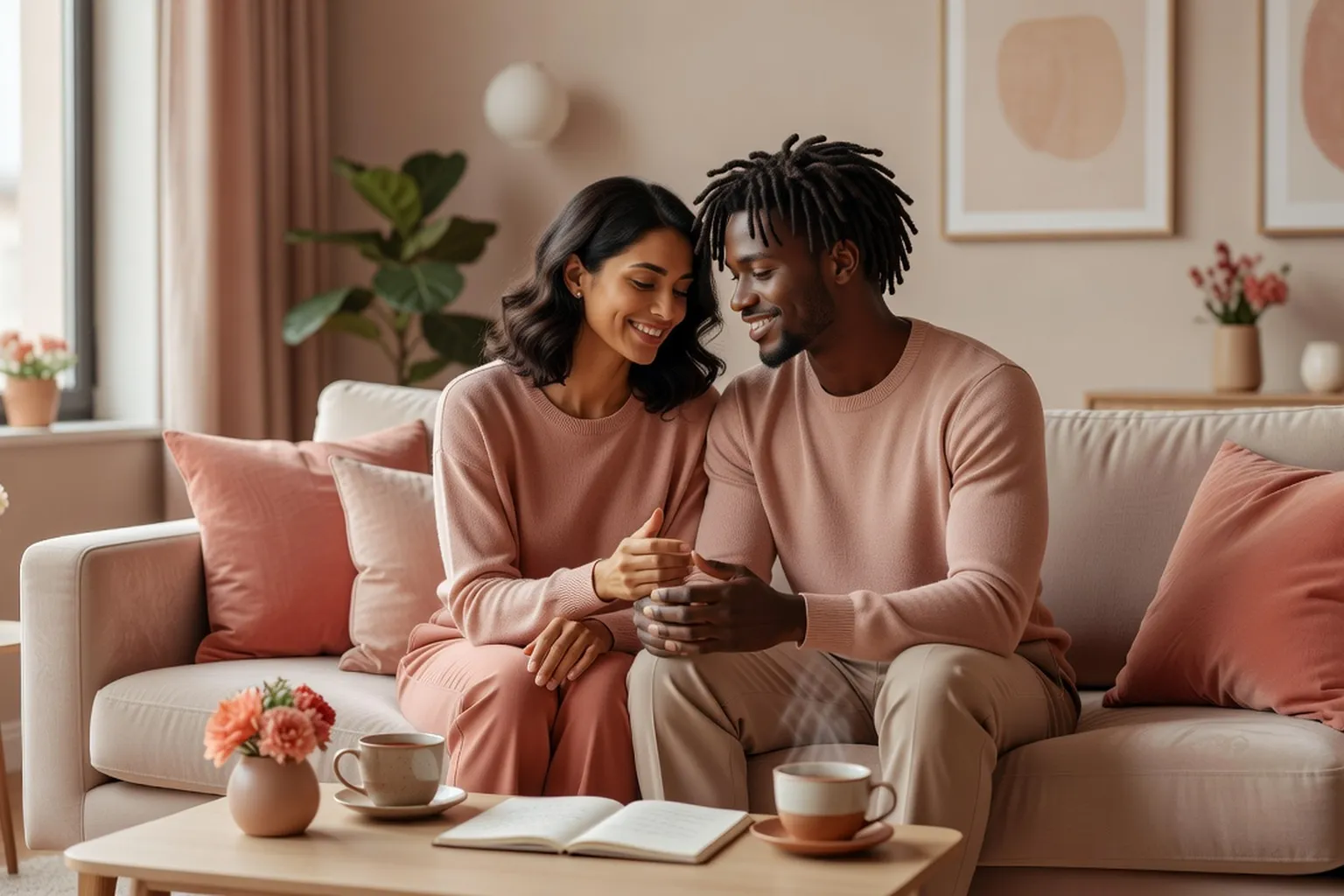 Couple se parlant avec tendresse sur un canape